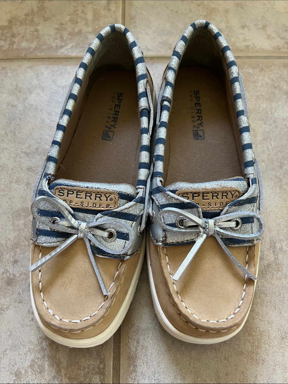 Sperry Kids Tan Leather Moccasins with Navy & Silver Stripes Angelfish